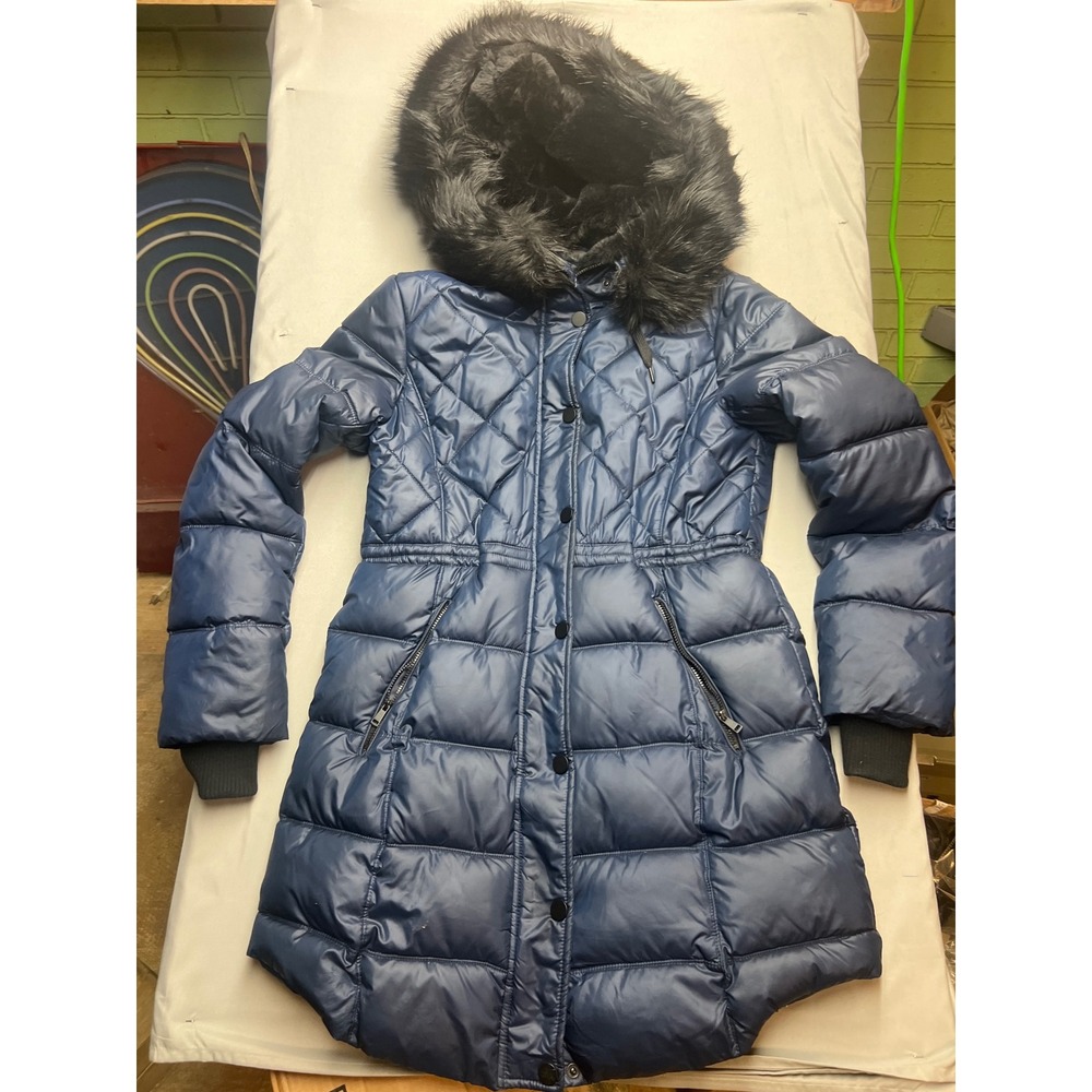 Apt. 9 Womens Navy Blue Quilted Puffer Coat Faux Fur Hood Parka Size M